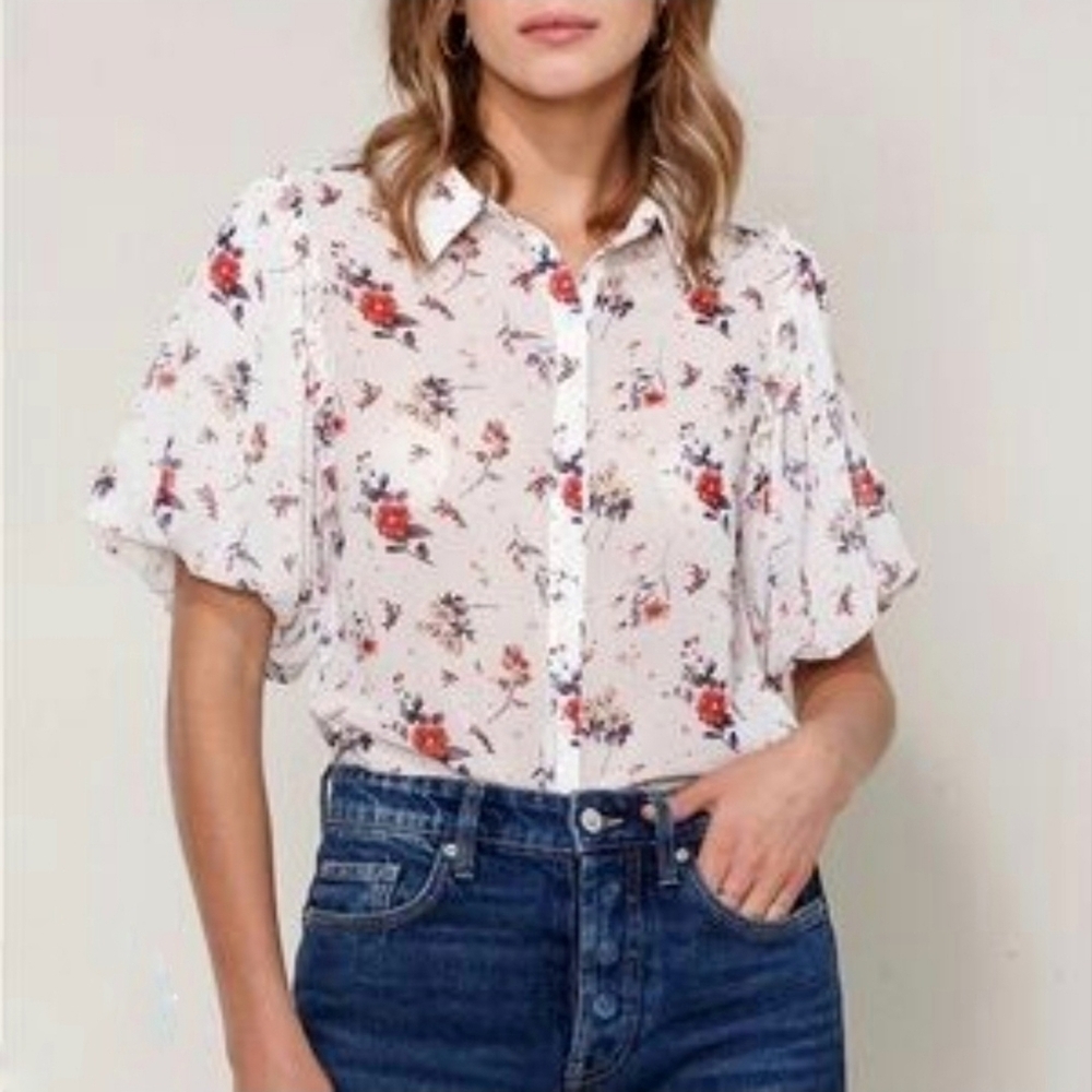 Anthropologie Maeve Dellaroe Floral Blouse Size Large Cottsgecore Ditzy Neutral - Picture 2 of 16